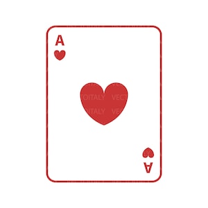 Puede incluir: Carta de juego, el As de Corazones. La carta tiene un borde rojo y presenta un gran corazón rojo en el centro, con corazones más pequeños y la letra "A" en las esquinas.