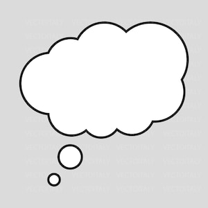 Puede incluir: Una burbuja de pensamiento blanca con un contorno negro, con forma de nube, con dos círculos más pequeños debajo. El fondo es de color gris claro.