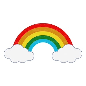 May include: A vibrant rainbow illustration featuring red, orange, yellow, green, and blue arches. White, fluffy clouds are positioned at each end of the rainbow against a white backdrop. This is a vector graphic.