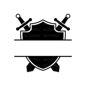 Può includere: Silhouette in bianco e nero di due spade incrociate dietro uno scudo. Lo scudo ha uno spazio vuoto per il testo.