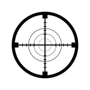 Op de afbeelding: Een zwart-wit doel met concentrische cirkels en een kruis in het midden.