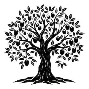 Può includere: Illustrazione in bianco e nero di un albero da frutto, probabilmente un ulivo, carico di olive. L'albero ha un tronco spesso, molti rami e olive ovali che pendono dai rami.
