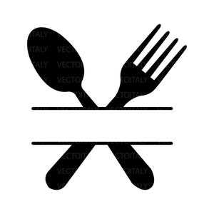 May include: Black and white silhouette of a fork and spoon crossed over each other with a blank space in the middle for text.
