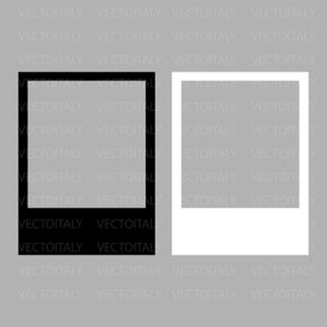 Può includere: Due cornici in stile polaroid, una nera e una bianca, sono visualizzate su uno sfondo grigio. Le cornici hanno una forma rettangolare con uno spazio bianco al centro. Il testo "VECTOITALY" è ripetuto in alto e in basso.