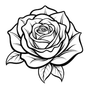 Peut inclure: Illustration en noir et blanc d'une rose épanouie. L'image présente des pétales et des feuilles détaillés, idéale pour le design graphique. La rose est un motif floral classique.