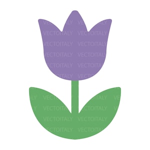 Può includere: Illustrazione stilizzata di un tulipano viola con stelo e foglie verdi. I petali del fiore sono di colore lavanda chiaro e le foglie sono di un verde brillante. Lo sfondo è bianco.