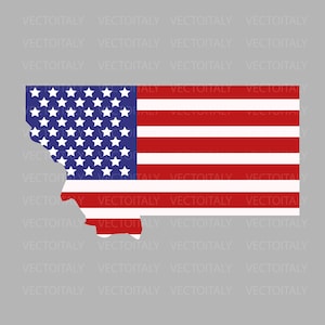 Può includere: Illustrazione grafica dello stato del Montana, USA, riempita con il design della bandiera americana. La bandiera presenta un cantone blu con stelle bianche e strisce rosse e bianche. Lo sfondo è grigio.