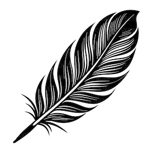 May include: A black and white illustration of a feather. The feather is detailed with fine lines and curves, showcasing the intricate structure of the barbs and rachis. The design is a classic representation of a feather.
