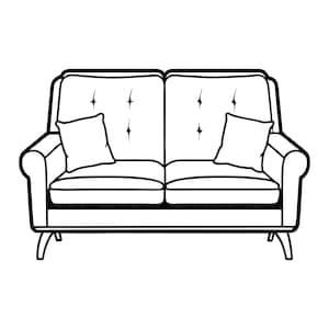 Può includere: Illustrazione in bianco e nero di un divano a due posti con due cuscini quadrati. Il divano ha un design con braccioli curvi e bottoni decorativi sullo schienale.