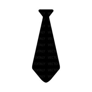 Puede incluir: Silueta de corbata negra sobre fondo blanco. La corbata tiene una forma clásica con una base ancha y un cuello estrecho. El texto "ITALY VECTOR" se repite en la corbata.