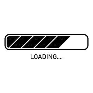 Può includere: Grafica della barra di caricamento in bianco e nero con la scritta "LOADING...." sotto. La barra mostra l'avanzamento con segmenti neri e bianchi. Design semplice e moderno.