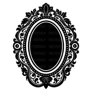 Può includere: Silhouette in bianco e nero di una cornice ovale ornata con un motivo floreale decorativo. La cornice è vuota.
