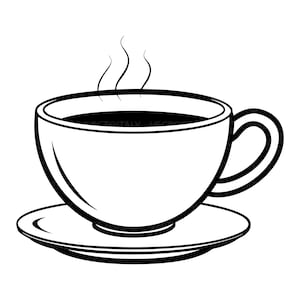 May include: A black and white line drawing of a cup of coffee on a saucer. The cup is filled with dark liquid and has steam rising from it. The cup has a handle and sits on a round saucer.