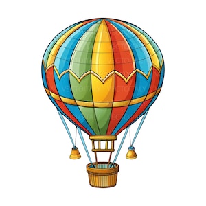 Könnte beinhalten: Illustration eines bunten Heißluftballons. Die Kuppel des Ballons ist in vertikale Bahnen aus Blau, Grün, Gelb und Rot unterteilt. Ein brauner Korb hängt darunter, verbunden durch blaue Seile. Das Design ist schwarz umrandet.