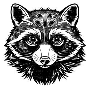 May include: A black and white illustration of a raccoon's face. The raccoon has detailed fur, large eyes, and a prominent nose. The image is a vector graphic, with clean lines and a high level of detail, suitable for various applications.