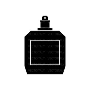 May include: Black and white silhouette of a perfume bottle with a square-shaped bottle and a simple cap.
