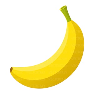 Könnte beinhalten: Eine reife Banane mit gebogener Form, leuchtend gelber Schale und grünem Stiel. Diese Frucht wird oft als Snack gegessen oder in verschiedenen Rezepten verwendet.