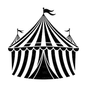Op de afbeelding: Zwart-witte silhouet van een gestreepte circustent met een puntige top en drie vlaggen.