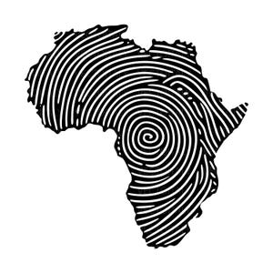 May include: A black and white graphic of the African continent. The continent is filled with a fingerprint pattern, creating a unique and artistic representation. The design is set against a clean white background.