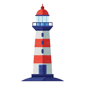 Può includere: Un'illustrazione di un faro con una torre cilindrica a strisce orizzontali rosse e bianche, una base blu scuro, una ringhiera della galleria blu scuro, una lanterna azzurra con vetrate e un tetto rosso arrotondato con un piccolo pinnacolo.