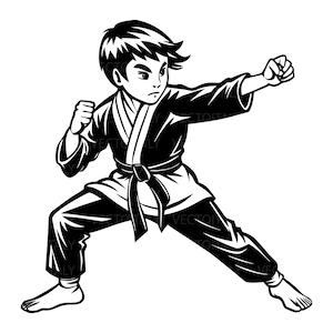 Può includere: Illustrazione in bianco e nero di una giovane persona in posizione di karate. La persona indossa un'uniforme da karate con cintura nera ed è in posizione bassa, pronta, con un pugno chiuso e l'altra mano alzata.