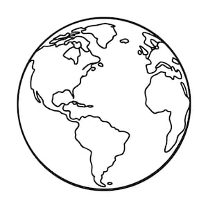 May include: A black and white line drawing of the Earth, depicting the continents and oceans. The globe is a perfect circle, with the continents outlined in black against a white background. The image is a simple, graphic representation of the planet.