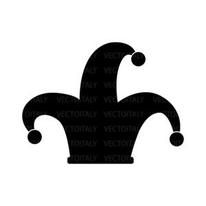 May include: A black jester's hat with three points and two round bells on the ends of the points.