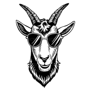 Può includere: Illustrazione in bianco e nero della testa di una capra con occhiali da sole. La capra ha grandi corna ricurve, una barba e peli dettagliati. Gli occhiali da sole hanno un design classico e la capra sembra sorridere.