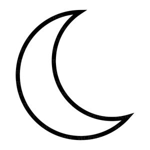 Puede incluir: Un contorno de luna creciente negro sobre un fondo blanco. La forma de la luna es un diseño simple y minimalista, con un borde negro grueso y sólido. La imagen es un gráfico vectorial.