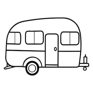 Peut inclure: Illustration en noir et blanc d'une caravane vintage. La caravane a un toit arrondi, des fenêtres, une porte et une roue. L'attelage et une petite roue sont visibles à l'avant. Le design est simple et épuré.