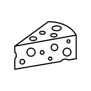 May include: A black and white line drawing of a triangular wedge of cheese. The cheese has several circular holes of varying sizes throughout the body of the cheese. The edges of the cheese are also outlined in black.