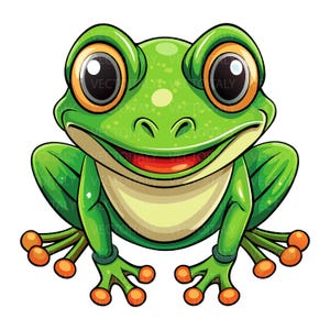 Puede incluir: Una ilustración de dibujos animados de una rana verde con una amplia sonrisa y grandes ojos naranjas. La rana está sentada con las piernas extendidas y los dedos de los pies enroscados.