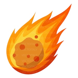 May include: A cartoon illustration of a fiery meteor. The meteor is light brown with darker brown spots, surrounded by bright orange and yellow flames. The image depicts a dynamic scene of a celestial object hurtling through space.