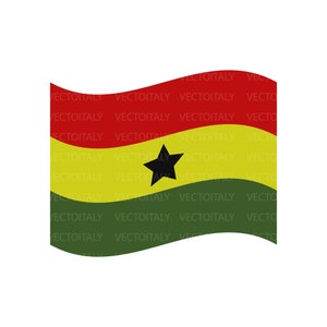 May include: A waving flag of Ghana, featuring three horizontal stripes of red, yellow, and green. A black five-pointed star is centered on the yellow stripe.