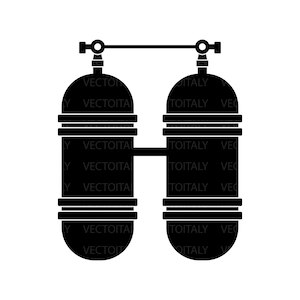 May include: Black and white silhouette of two scuba diving tanks connected by a metal bar. The tanks are cylindrical with rounded tops and have multiple rings around them.