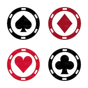 May include: Four poker chips with different suit symbols: a black spade, a red diamond, a red heart, and a black club. Each chip has a white border with a series of white rectangles around the edge.