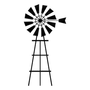 Puede incluir: Ilustración en blanco y negro de un molino de viento. El molino de viento presenta un ventilador con múltiples aspas, un cubo central y una flecha direccional. La estructura incluye una torre alta de varios niveles.