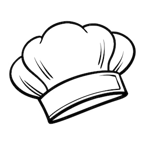以下が含まれることがあります： 白黒のシェフハットのイラスト。帽子は白い背景に黒いアウトラインで、高くふっくらとしたクラウンと、ベースに幅広の長方形のバンドが付いています。デザインはシンプルでクリーンで、料理をテーマにした製品に適しています。