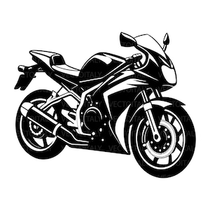 Op de afbeelding: Zwart-wit illustratie van een sportmotor. De motorfiets heeft een gestroomlijnd ontwerp met een kuip, een lage zitting en een grote uitlaatpijp. De tekst "VECTOITALY" is zichtbaar op de zijkant van de motorfiets.