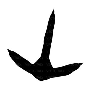 May include: A black silhouette of a bird's footprint against a white background. The footprint has three toes, with the middle toe pointing upwards and the other two extending outwards. The word "VECTOITALY" is repeated along the edges.