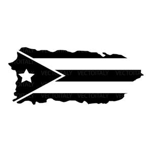 May include: Black and white graphic of the Puerto Rican flag in the shape of the island. The flag features three horizontal red stripes, a white star in a blue triangle, and the text "VECTOITALY".