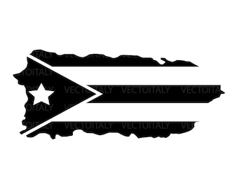 May include: Black and white graphic of the Puerto Rican flag in the shape of the island. The flag features three horizontal red stripes, a white star in a blue triangle, and the text "VECTOITALY".