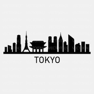 Può includere: Silhouette in bianco e nero dello skyline di Tokyo, che include la Tokyo Skytree, la Tokyo Tower e il Palazzo Imperiale. Il testo "TOKYO" è sotto lo skyline.