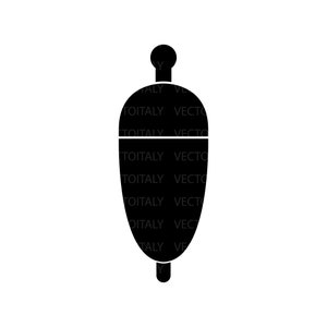 May include: Black and white silhouette of a fishing bobber with a rounded top and a pointed bottom.