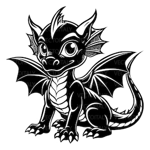 Può includere: Illustrazione in bianco e nero di un drago dei cartoni animati. Il drago ha grandi occhi, ali e una lunga coda. Il drago è seduto, con gli artigli visibili. Il testo "VECTOITALY" è presente sullo sfondo.