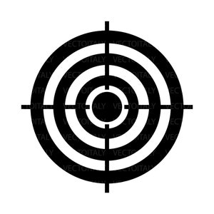 May include: A black and white target with concentric circles and a crosshair in the center.