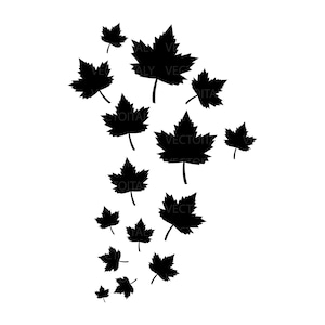 May include: Black maple leaf silhouettes of various sizes are scattered across a white background. The leaves have detailed edges and stems, creating a dynamic and natural design. This graphic is suitable for fall-themed crafts and designs.