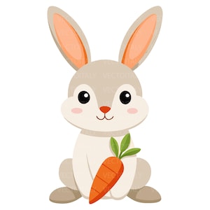 Pode incluir: Um coelho de desenho animado bege claro com orelhas longas, olhos pretos e bochechas rosadas, segurando uma cenoura laranja com folhas verdes. O coelho tem peito e barriga brancos, um pequeno nariz laranja e uma boca castanha simples.