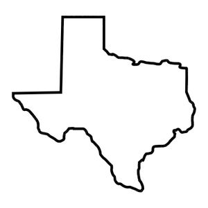 May include: A black and white outline of the state of Texas. The image shows the geographical shape of Texas, with its distinctive borders and features, against a white background.