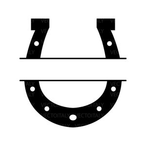 May include: Black and white silhouette of a horseshoe split in half horizontally. The top half is a horseshoe with the ends pointing up. The bottom half is a horseshoe with the ends pointing down.